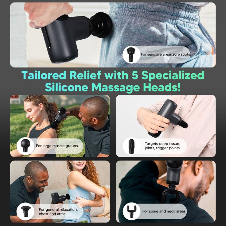 Massage gun with interchangeable silicone heads in use