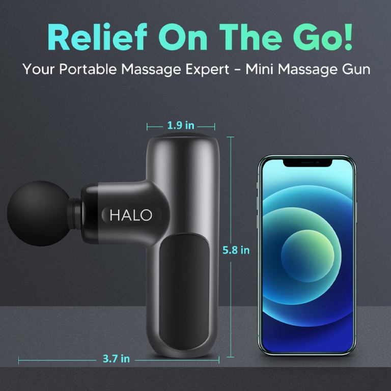 Mini massage gun beside smartphone with dimensions displayed