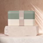 monbento mb original bento box green natural Sage green and cream bento lunch box with elastic strap