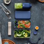 monbento mb original bento box blue natural Healthy lunchbox with noodles, greens and reusable bottle
