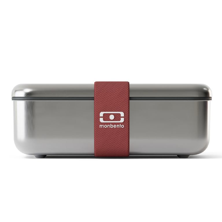 Stainless steel lunchbox with red elastic strap