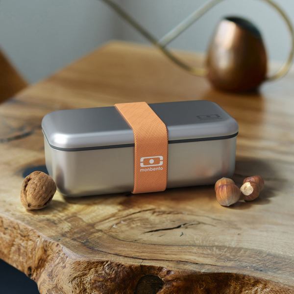 monbento mb sense bento box canyon Sleek metal lunchbox with orange strap on table