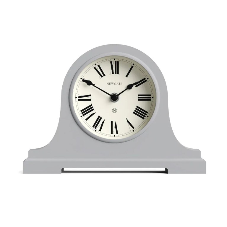 Grey mantel clock with Roman numerals