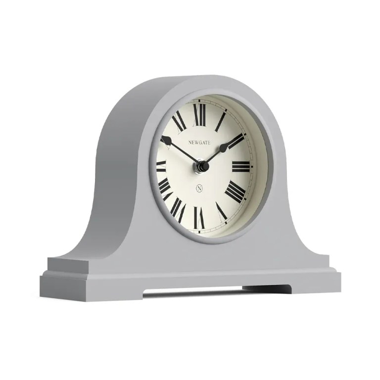 Grey mantel clock with Roman numerals