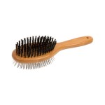 Wooden hairbrush with bristles and metal pins