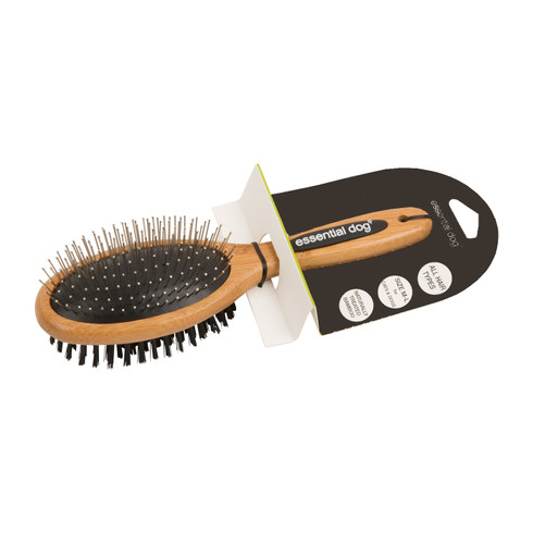 Wooden handle dog grooming brush with metal bristles