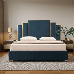 Modern blue upholstered bed with matching headboard panels