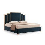 austin bed frame polyester turquoise fabric padded upholstery high quality slats polished stainless steel feet Modern teal upholstered bed with layered headboard