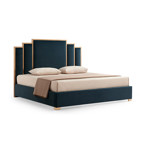 Modern teal upholstered bed with layered headboard