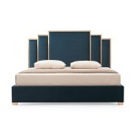 austin bed frame polyester turquoise fabric padded upholstery high quality slats polished stainless steel feet Modern teal upholstered bed with panelled headboard