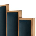 austin bed frame polyester turquoise fabric padded upholstery high quality slats polished stainless steel feet Three overlapping gold-framed dark wall panels