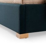 austin bed frame polyester turquoise fabric padded upholstery high quality slats polished stainless steel feet Dark teal upholstered bed base with gold leg