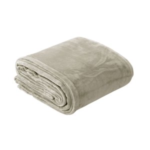 Folded beige fleece blanket on white background
