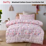 happy kids swifty 2 piece washed cotton cover comforter set single 160cm x 220cm Pink patterned cotton comforter set on bed