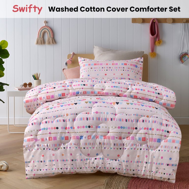 happy kids swifty 2 piece washed cotton cover comforter set single 160cm x 220cm Pink patterned cotton comforter set on bed