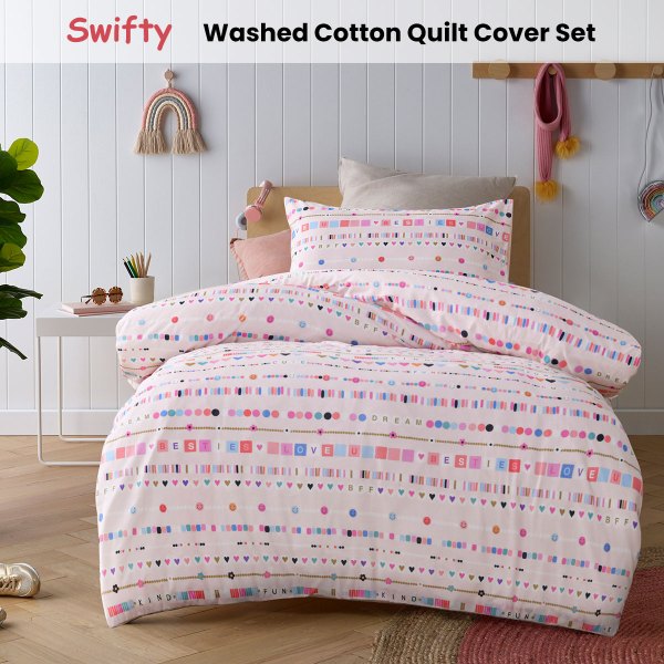 happy kids swifty washed quilt cover set single Pastel patterned cotton quilt cover on bed