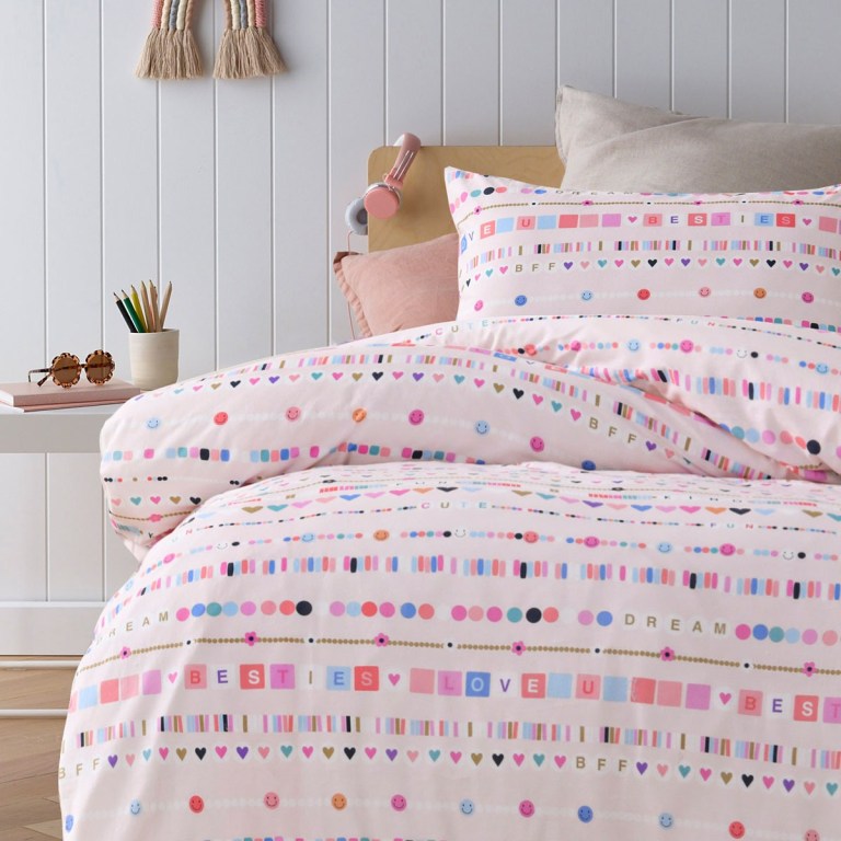 Pastel patterned bedding with hearts and stripes