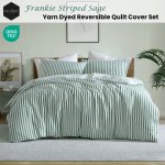 ardor frankie sage stripe yarn dyed reversible quilt cover set queen Green and white striped quilt cover set