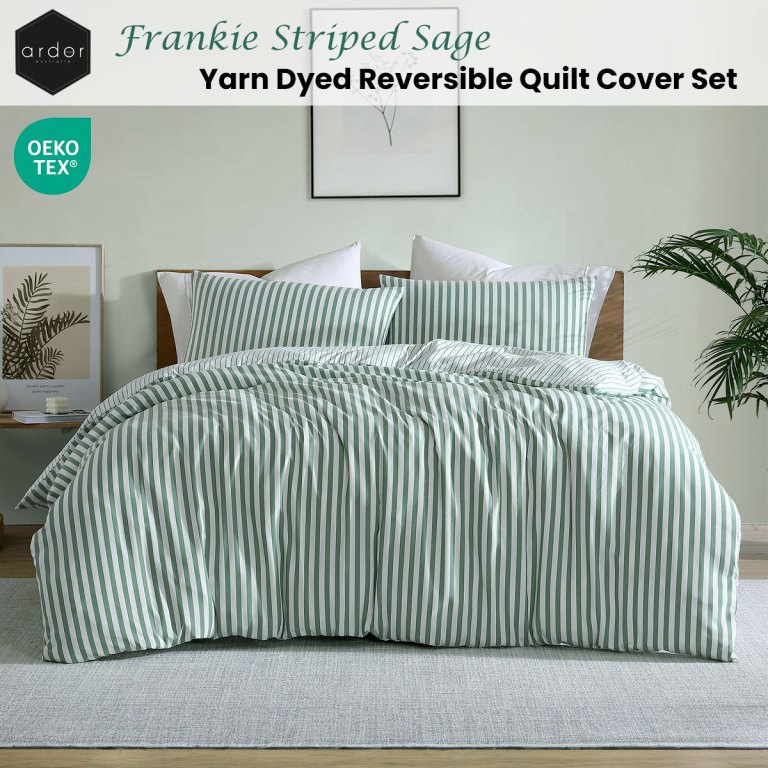 ardor frankie sage stripe yarn dyed reversible quilt cover set queen Green and white striped quilt cover set