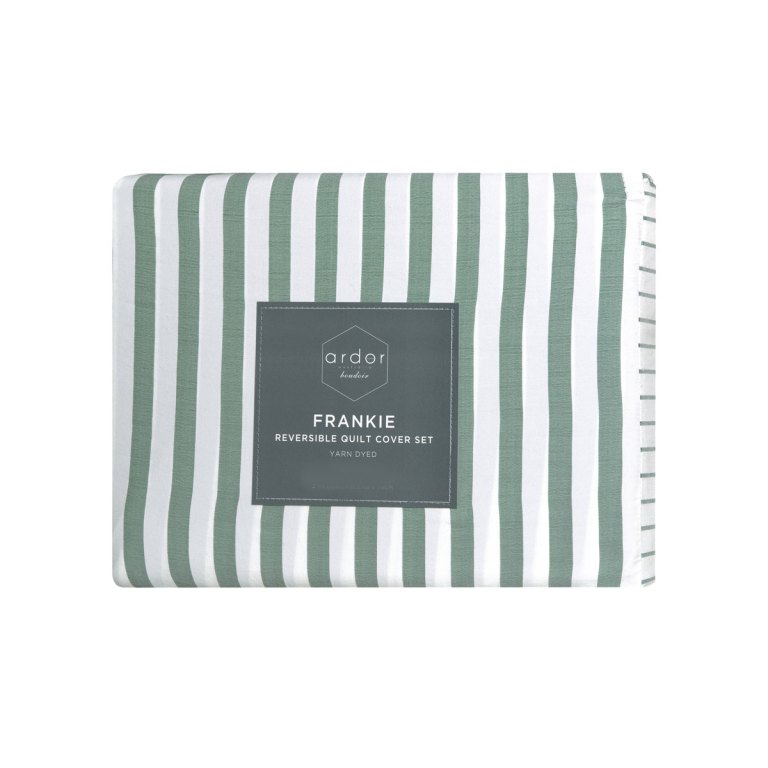 ardor frankie sage stripe yarn dyed reversible quilt cover set queen Green and white striped quilt cover set