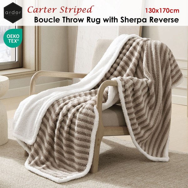 Striped boucle throw rug with sherpa reverse