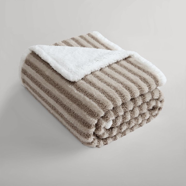 ardor carter striped boucle throw rug with sherpa reverse 130x170cm Folded beige striped plush throw blanket