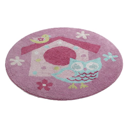 v442 pil floorr birdcage pink rd 208835 00.jpg Round pink rug with owl and birdhouse design