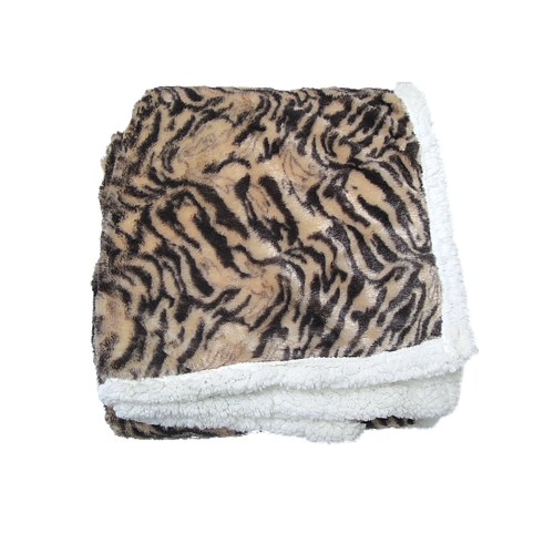 Tiger-print fleece blanket with white sherpa lining