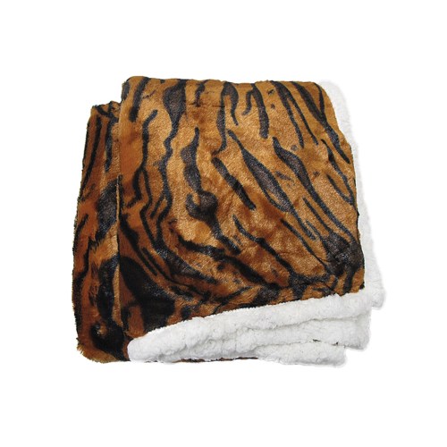 Folded tiger-print blanket with white sherpa lining