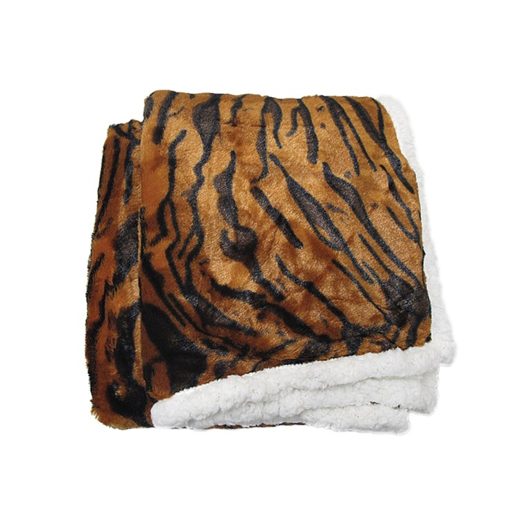 Folded tiger-print blanket with white sherpa lining