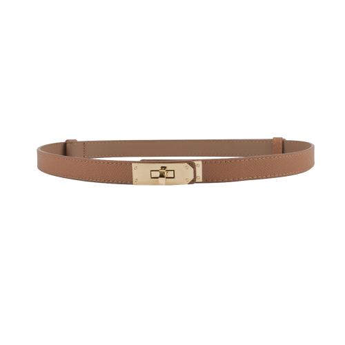 Slim brown leather belt with gold buckle