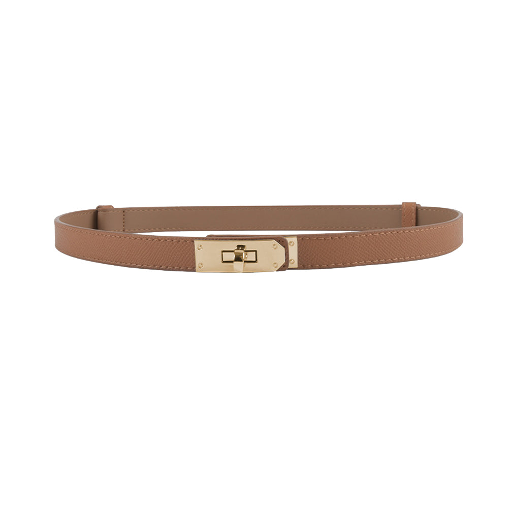 Slim brown leather belt with gold buckle