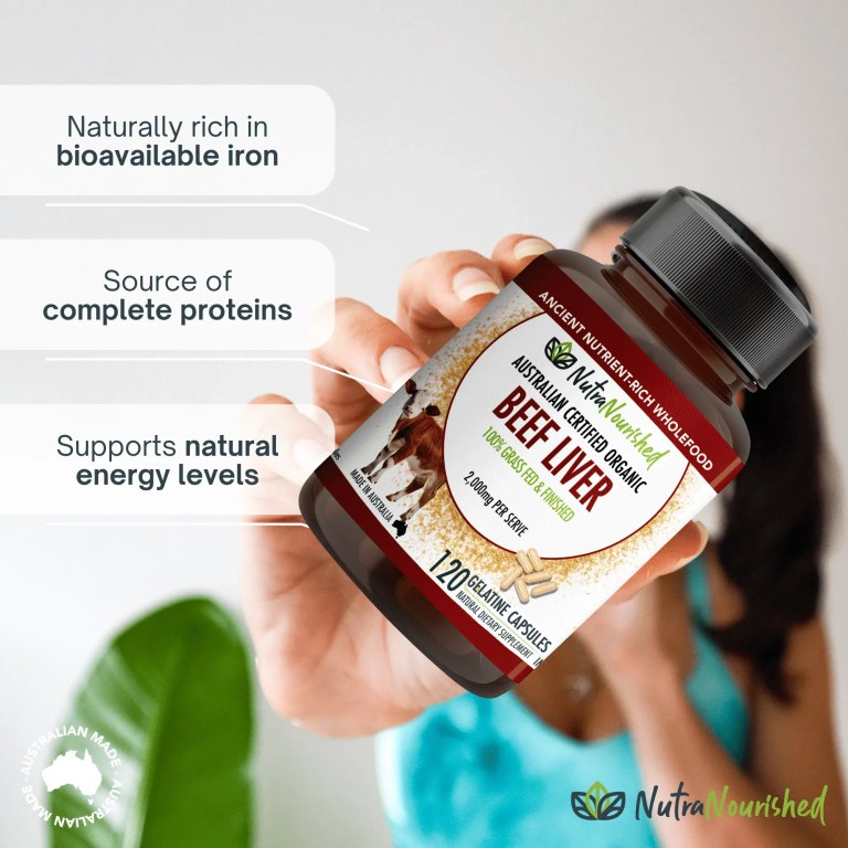 Hand holding Australian organic beef liver capsules bottle