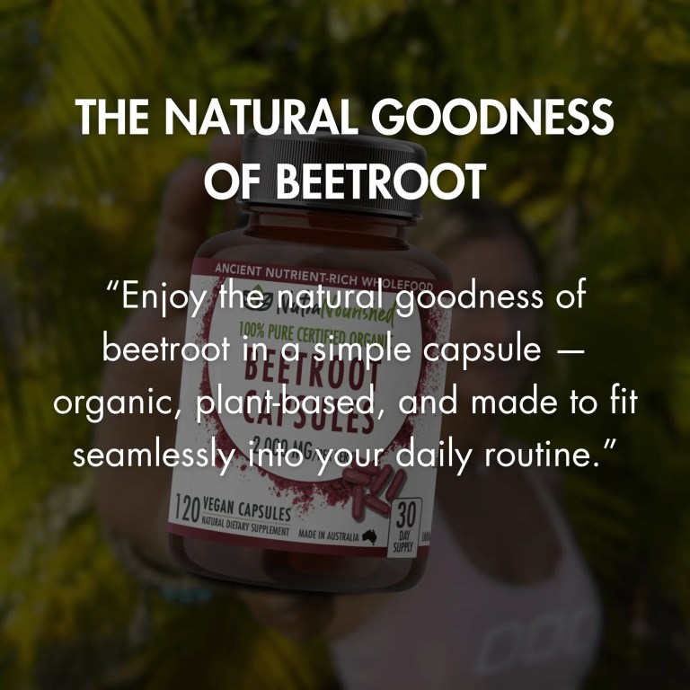 Bottle of organic beetroot capsules in field