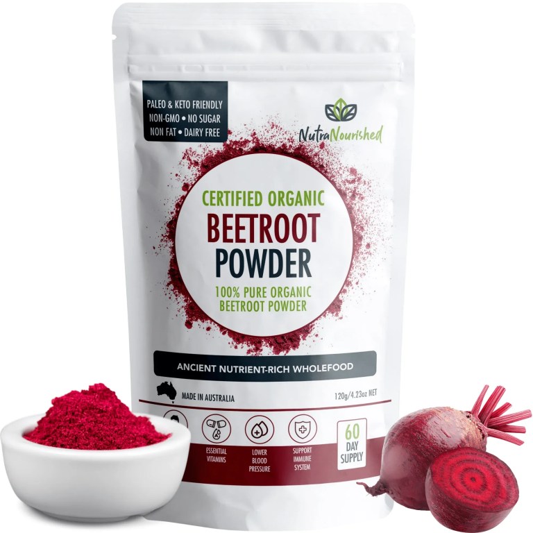 v497 beetroot powder 120g 00.webp Certified organic beetroot powder pouch with fresh beetroot