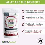 organic beetroot powder Certified organic beetroot powder packaging with benefits list