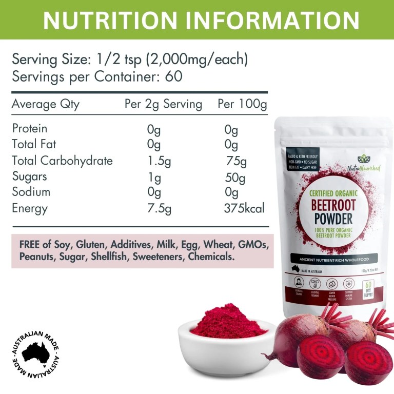 organic beetroot powder Nutrition panel and organic beetroot powder packaging