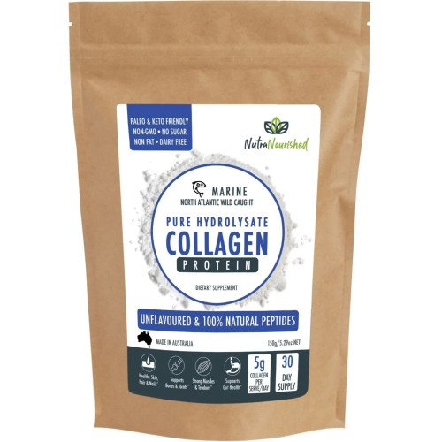 v497 collagen marine 150g 00.webp Marine collagen protein powder in brown pouch