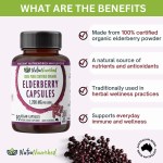 NutraNourished elderberry capsules bottle with listed benefits