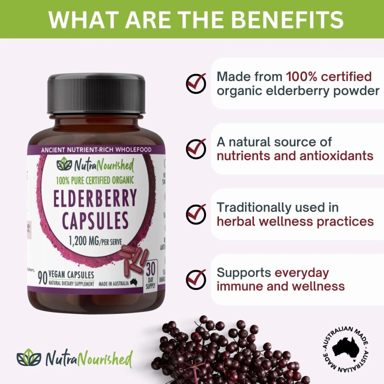 NutraNourished elderberry capsules bottle with listed benefits