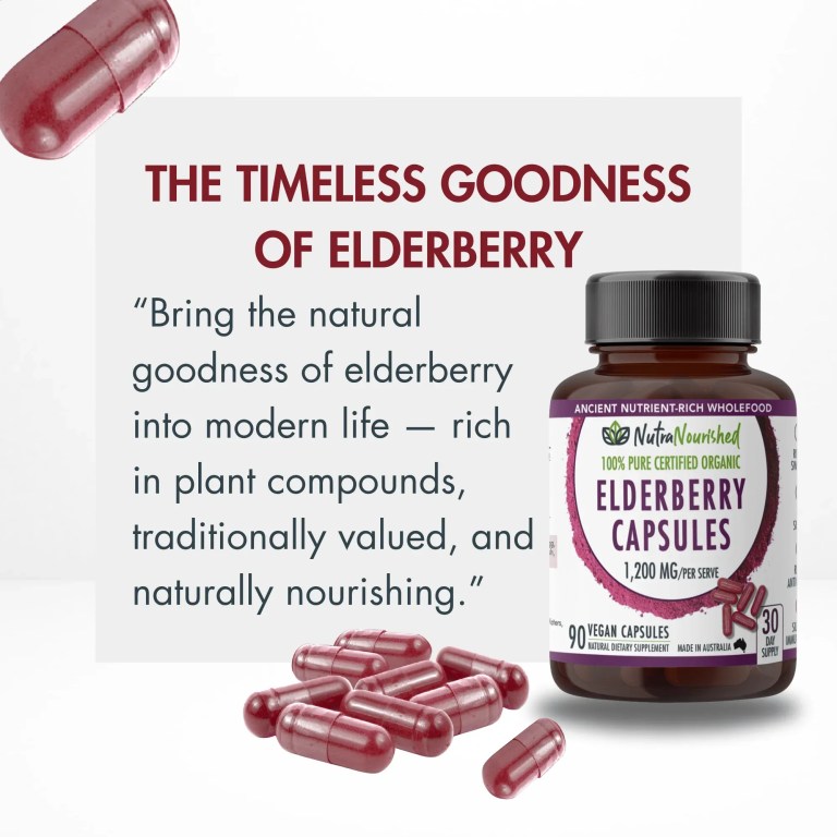 Organic elderberry capsules bottle with red capsules