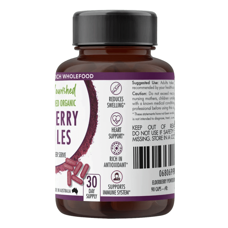 Bottle of organic elderberry capsules supplement