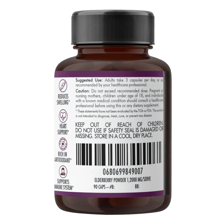 Back label of elderberry supplement bottle