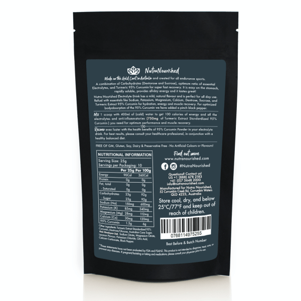 electrolyte powder & 95% pure organic curcumin lemon flavour, 250g Back of NutraNourished electrolyte drink pouch