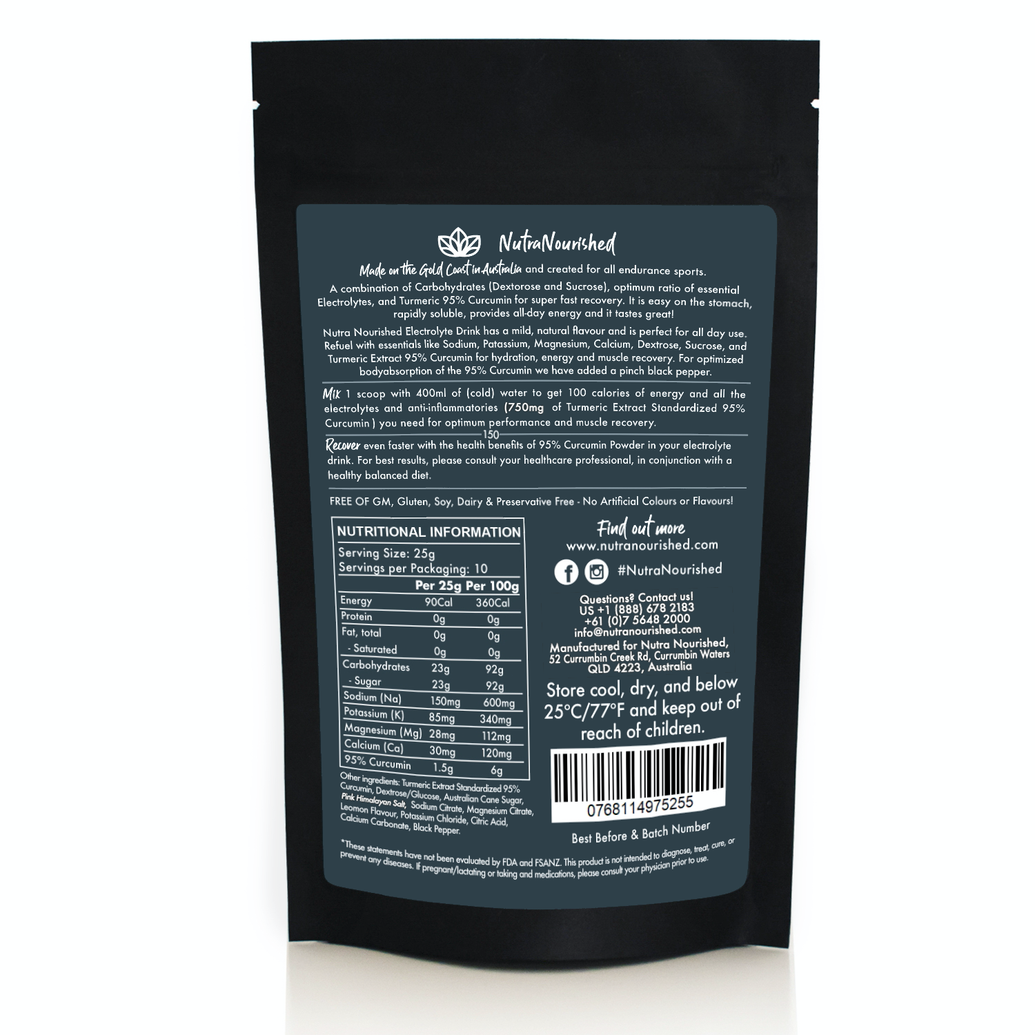 Back of NutraNourished electrolyte drink pouch