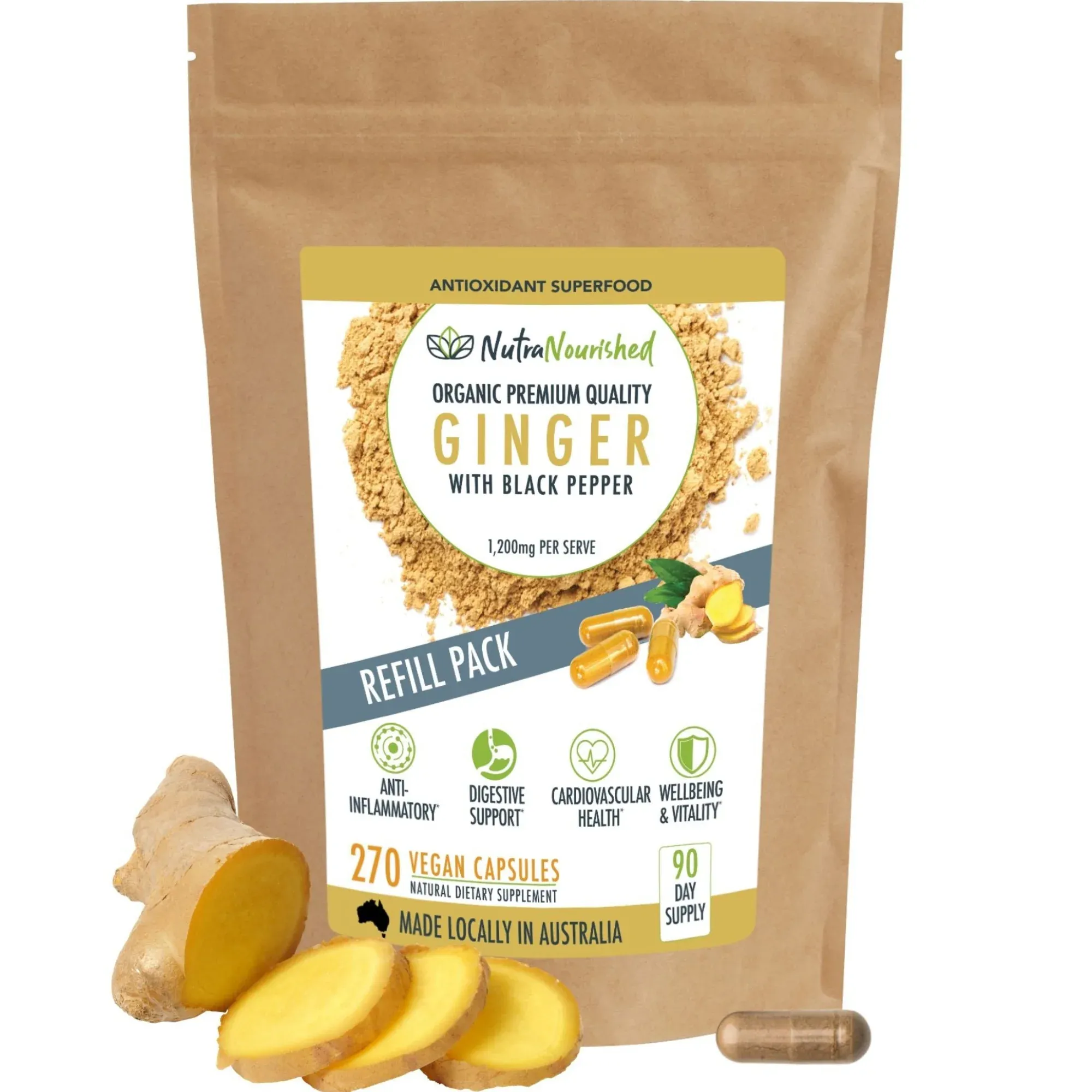 v497 ginger caps 270 00.webp Organic ginger and black pepper supplement refill pouch