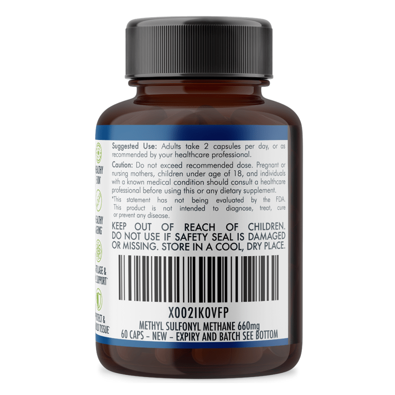 Brown MSM supplement bottle with dosage label
