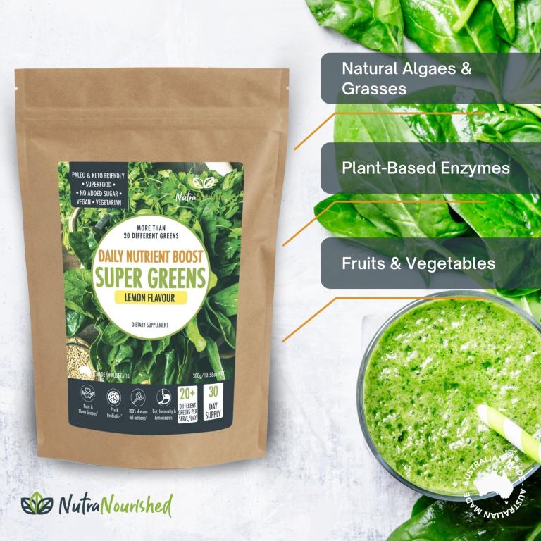 super greens powder energising superfood blend nutrients and vitamins of 20 greens 300g Super Greens supplement pouch and green smoothie