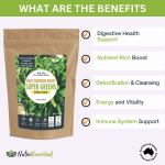 super greens powder energising superfood blend nutrients and vitamins of 20 greens 300g Super Greens supplement pouch with listed health benefits