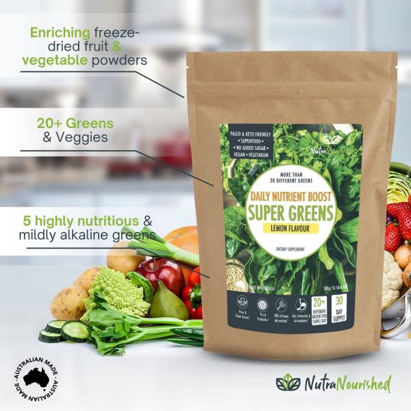 Super Greens powder pouch with fresh vegetables